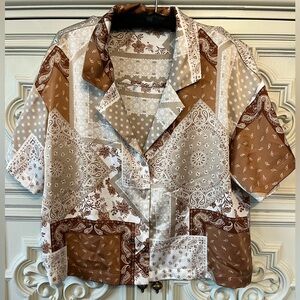 Pleione Anthropologie Brown and White Paisley Button-Up Shirt